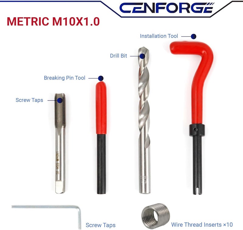 CENFORGE M10x1.0 Helicoil Thread Repair Kit, Metric HSS Drill Helicoil Repair Kit for Rethreading Internal Threads with Carry Case, 15PCS - Image 1